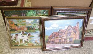 Four framed cross-stitch pictures: various themes (4).