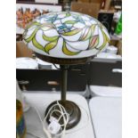 Tiffany style stained glass lamp shade and base: Initials K B 93 to shade. Total height 46cm