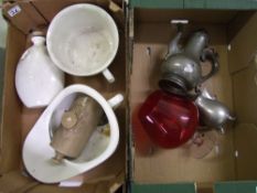 A mixed collection of items to include: pewter coffee pot, pewter jug, oversized red brandy glass,
