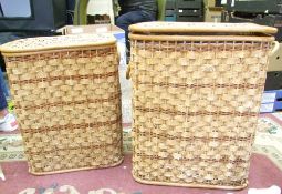 Two wicker linen baskets: together with a miniature oriental carved hardwood stool and a novelty