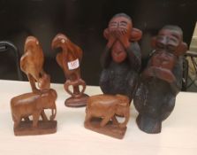 Six African hardwood hand carved figures: 2 x birds, 2 x elephants & 2 x chimps, tallest 30cm in