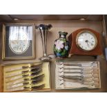A mixed collection of items to include: small mahogany cased mantel clock, cloisonné vase, silver