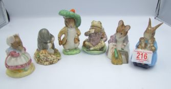 Royal Albert Beatrix potter figures: to include Mrs Rabbit & Bunnies, Hunca Munca Sweeping,