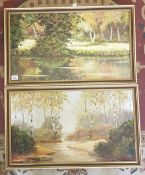 Two framed oil on board paintings of waterside scenes: 77cm x 46cm (2).