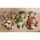 Royal Doulton Small Character Jugs: Buzfuzz, Leprechaun D6899, Trapper D6612, Shakespeare D6938,