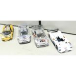 Four Maisto racing cars scale 1/18 : to include BMW V12 LMR, Mercedes CLK-GTR x 2 and Lamburghini