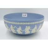 Large Wedgwood blue jasperware dancing hours bowl: diameter 26cm.