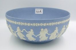 Large Wedgwood blue jasperware dancing hours bowl: diameter 26cm.