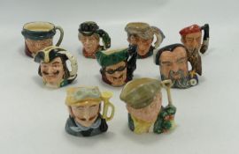 Royal Doulton miniature Character Jugs: Merlin, Tony Weller, Boot Maker, Poacher, Gardener, Capt