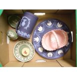 A good collection of Wedgwood coloured jasper ware items: tri colour plate, pink basket,