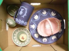 A good collection of Wedgwood coloured jasper ware items: tri colour plate, pink basket,