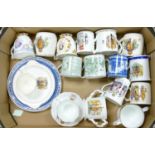 A mixed collection of items to include: Commemorative loving cups, mugs, plates etc (1 trays)