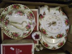 Royal Albert Old Country Roses pattern items: 2 x wall clocks, boxed vase, 2 tier cake stand, salt &