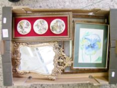 A mixed group of items including: metal framed mirror, two framed watercolours and two framed potlid