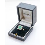 18ct yellow gold Emerald & Diamond dress ring: A nice coloured emerald measuring 7.5mm x 7.5mm