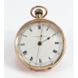 9ct gold gents open face pocket watch: Marked Hargeaves London to dial, centre seconds chronograph