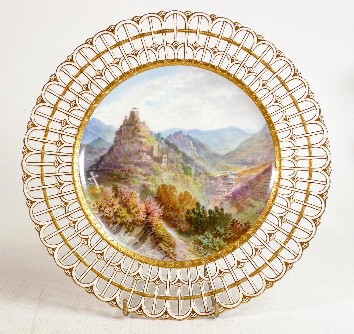 Minton Reticulated hand decorated plates with central panel as Abothal Nr The Rhine signed John