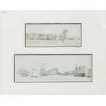 Royal Navy & and East India company vessels with Chinese junks off Macau c1806: Pen & wash by artist