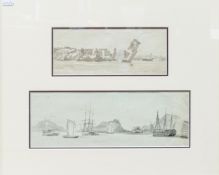 Royal Navy & and East India company vessels with Chinese junks off Macau c1806: Pen & wash by artist