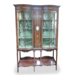 Edwardian inlaid double fronted display cabinet on tapered legs with Wedgwood plaque central: Two