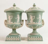 Adams, Tunstall England pair of light green Imperial Ware handled urns & covers: Each 25cm (2)
