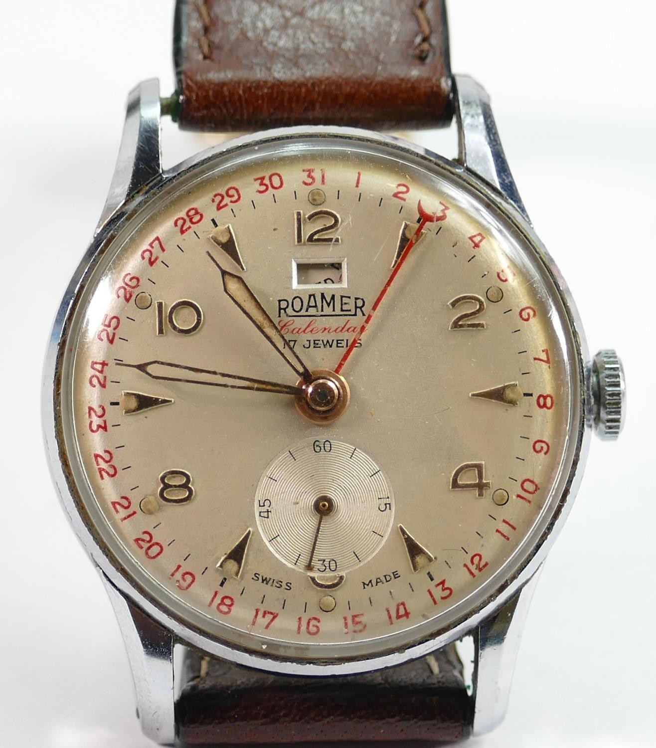 Roamer Calendar 17 jewel gents wrist watch circa 1950s: Winds, ticks, hands set and runs fully down.