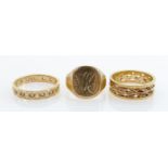 9ct gold Signet ring & 2 x 9ct eternity rings: Combined weight 9.9g.