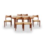 Mid century Danish extending dining table and six rush seated chairs: Complete with 2 additional