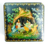 Russian 20th century signed Lacquer box: Length at largest 13cm, damage to 2 corners