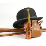 A collection of hunting theme items to include: Crop, horns, jacket & Bowler hat