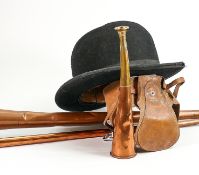 A collection of hunting theme items to include: Crop, horns, jacket & Bowler hat