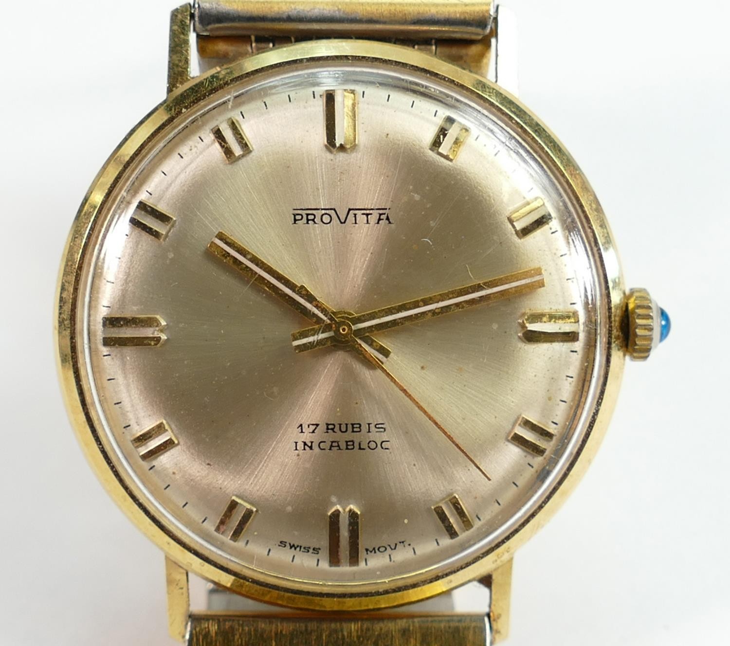 14ct gold Provita gents wristwatch 17 jewels Incabloc: Measures 33mm wide excluding button. Winds,