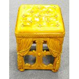 19th century Wedgwood Majolica square open stool: Decorated as an upholstered stool with curtains,