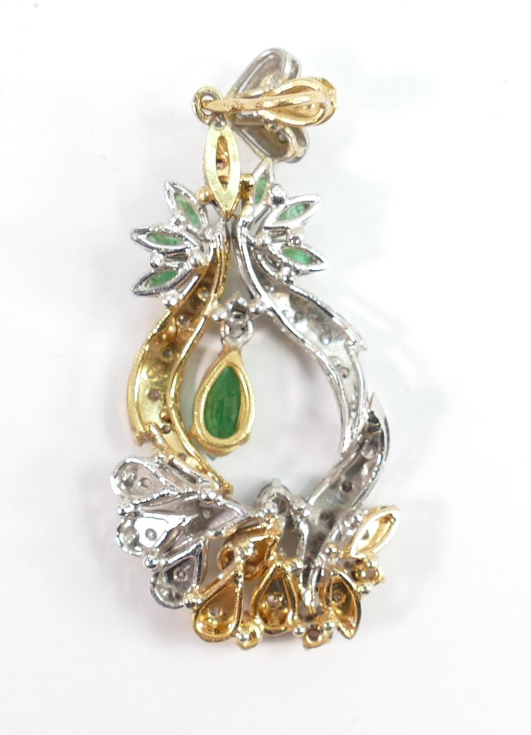 18ct gold diamond and emerald large pendant: Weight 9.2g, and measuring 55mm high. A very impressive