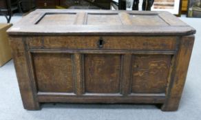 Early carved oak small coffer: Some later alterations, L94x H47x W54:
