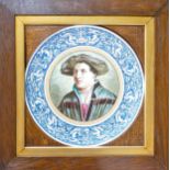19th century Wedgwood Majolica wall plaque: Hand painted centre panel of Holbein signed by Thomas