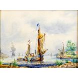 20th century ceramic plaque with nautical scene signed S.D Nowacki: Mounted in gilt frame, 25.5cm