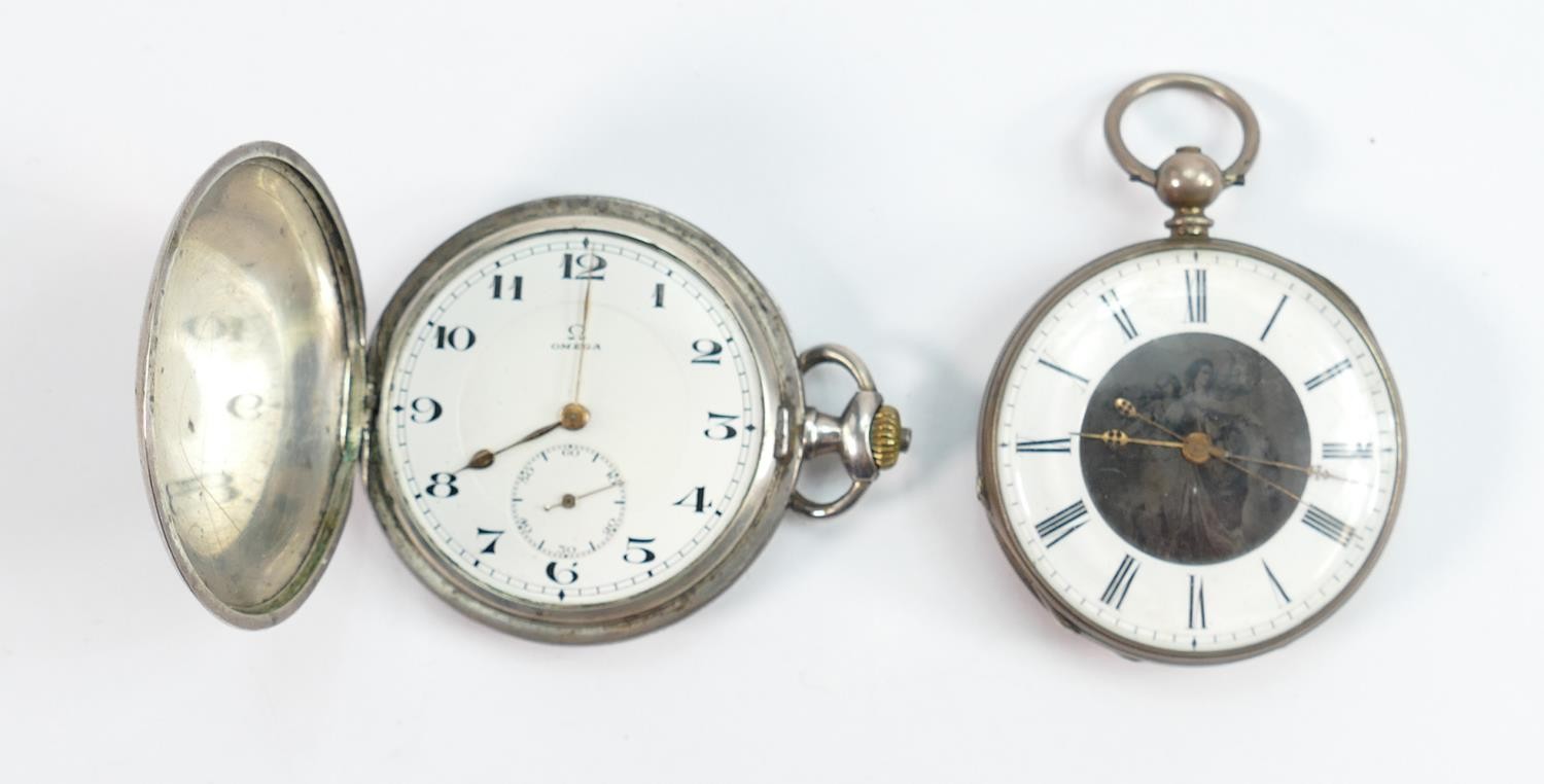 Omega silver & niello enamel gents pocket watch and another cased duplex watch: Omega full hunter