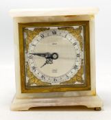 Onyx white cased Elliot miniature Bracket clock retailed by Tarrat: Height 15cm, 14cm width, 7cm