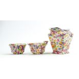 James Kent Du Barry Chintz patterned items: Large lidded water jug (repair to spout) & squared