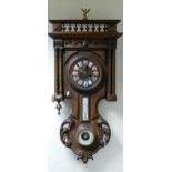 Early 20th century Vienna carved walnut keyhole wall clock: With barometer, h.86 x w.44cm.