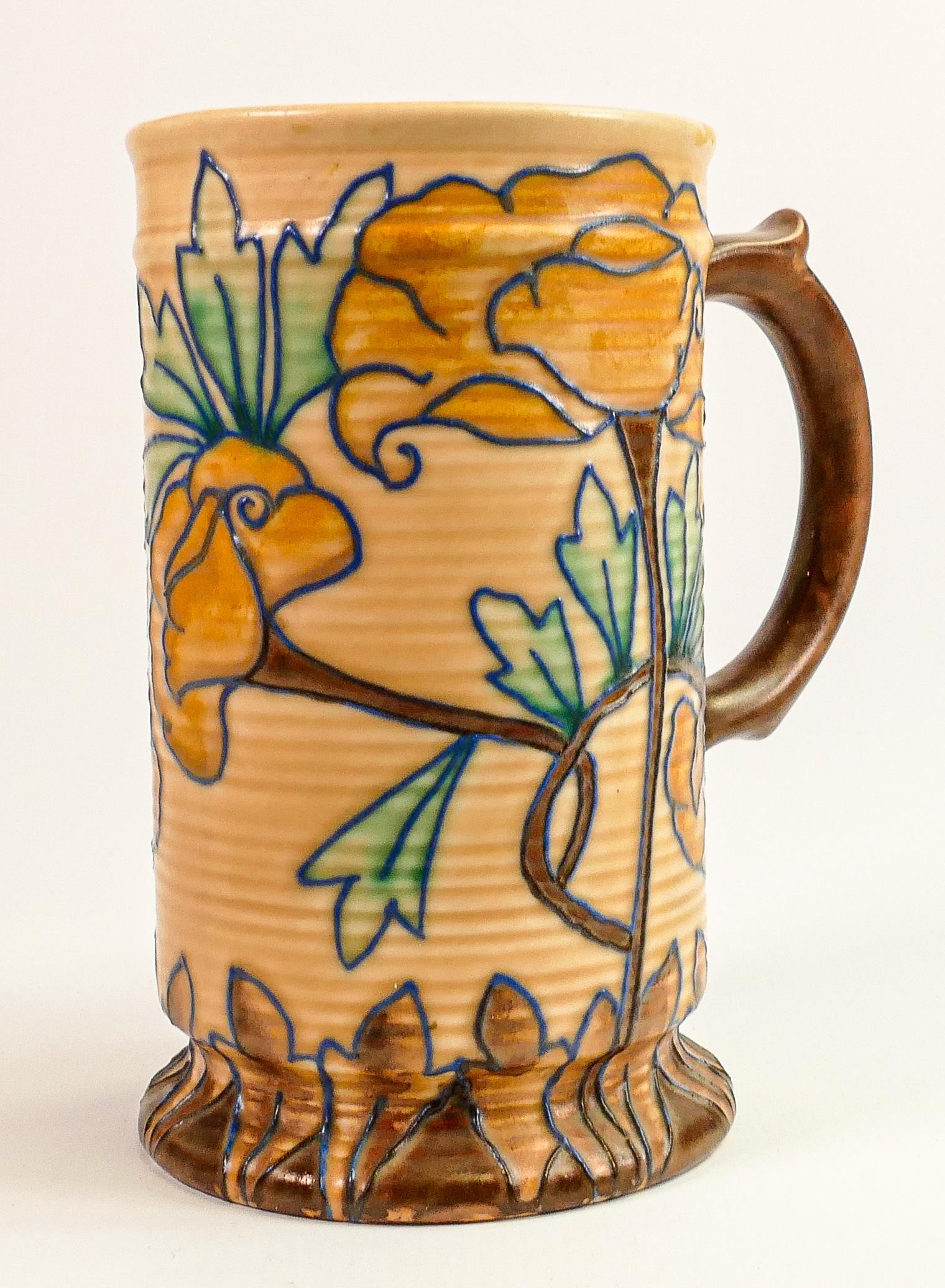 Royal Cauldon Art Nouveau tankard decorated with tube lined stylised Poppies: Height 18cm