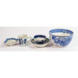 A collection of early blue & white decorated items including: Cup, shallow bowl, pickle dish, finger
