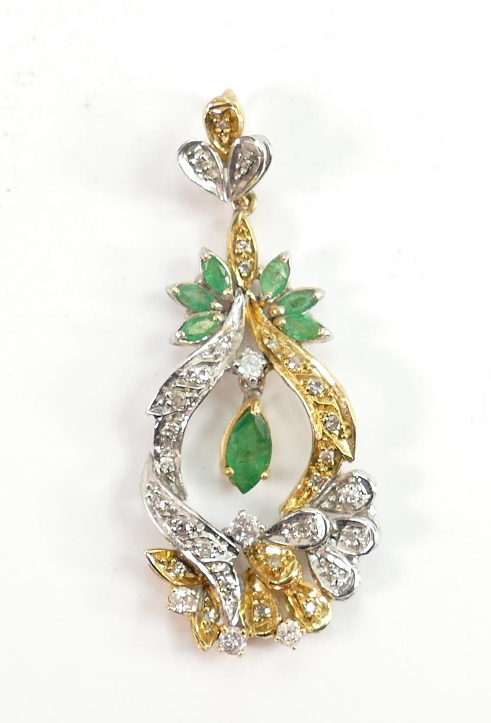 18ct gold diamond and emerald large pendant: Weight 9.2g, and measuring 55mm high. A very impressive - Image 2 of 2
