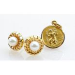 Hallmarked 18ct gold St Christopher & pair 14ct and pearl earrings: Weights 2.3g & 2.2g (cultured