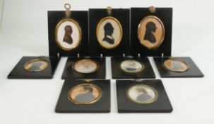 Group of late 18th or early 19th century silhouette miniatures: Typically 14cm x 12cm each. One