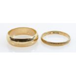 Two x 9ct gold wedding ring bands: Gross weight, size R1/2 & Q (smaller). Larger ring measures 6mm