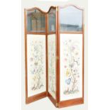 Three panel Edwardian mahogany inlaid folding screen: Upper panels with bevelled edge glass with