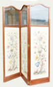 Three panel Edwardian mahogany inlaid folding screen: Upper panels with bevelled edge glass with