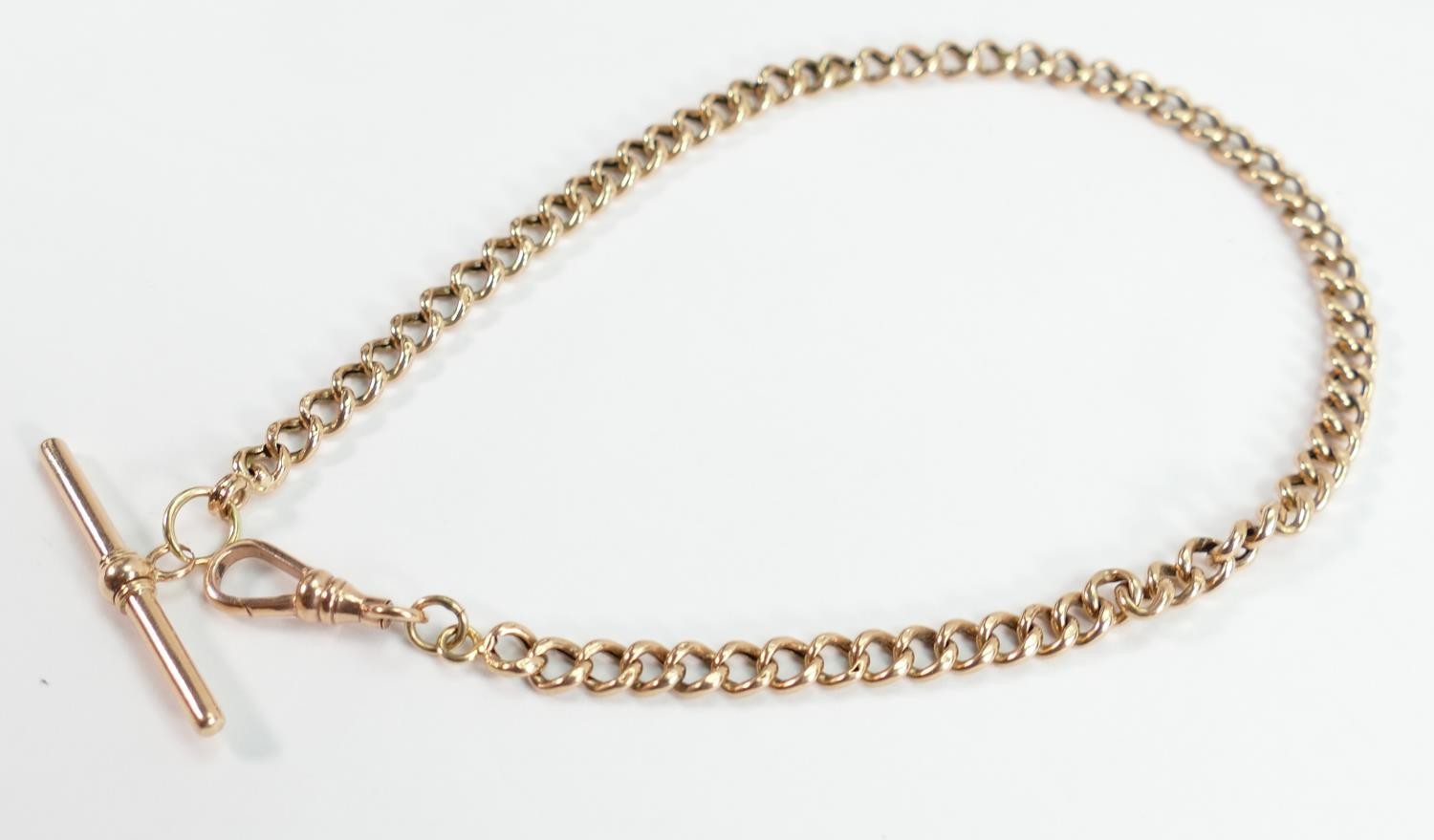 9ct rose gold single watch chain Albert: Measures 33cm long end to end. Hallmarked, hollow link,